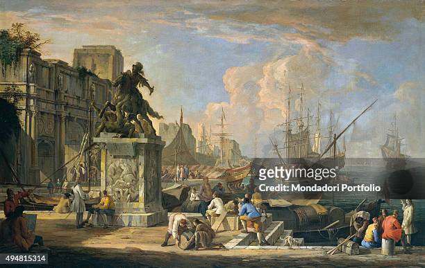 Capriccio with a View of the Harbor, Arch of Constantine and Equestrian Monument , by Luca Carlevaris 18th Century, oil on canvas, 85 x 135 cm Italy,...