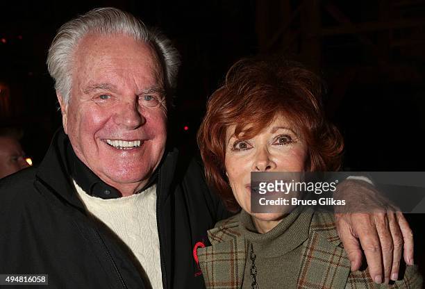 Robert Wagner and Jill St. John pose backstage at the hit musical "Hamilton" on Broadway at The Richard Rogers Theater on October 28, 2015 in New...