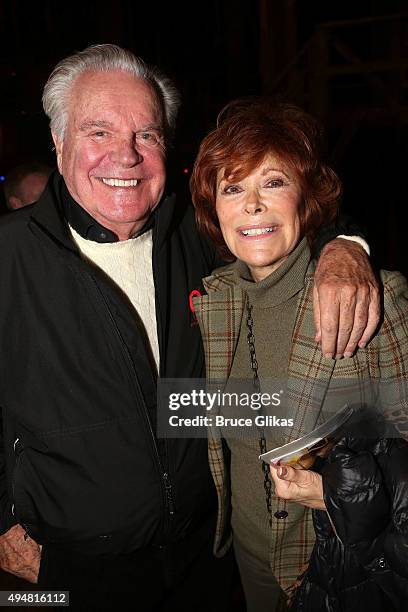 Robert Wagner and Jill St. John pose backstage at the hit musical "Hamilton" on Broadway at The Richard Rogers Theater on October 28, 2015 in New...