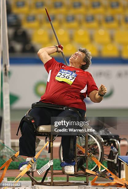 Angela Madsen of the United States competes in the women's javelin F56 final during the Evening Session on Day Eight of the IPC Athletics World...