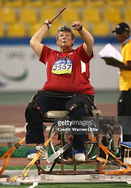Angela Madsen of the United States competes in the women's javelin F56 final during the Evening Session on Day Eight of the IPC Athletics World...