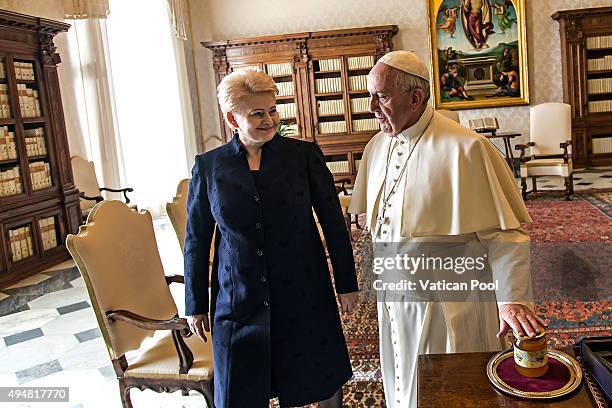 Pope Francis receives president of the Republic of Lithuania Ms. Dalia Grybauskaite in a private audience at the Apostolic Palace on October 29, 2015...