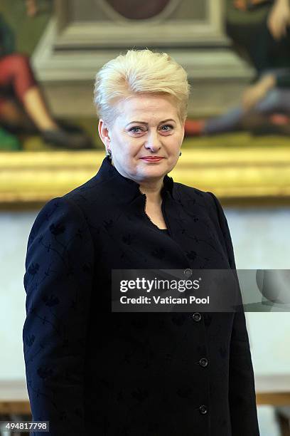 President of the Republic of Lithuania Ms. Dalia Grybauskaite attends a private audience with Pope Francis at the Apostolic Palace on October 29,...