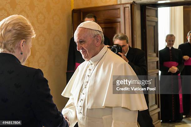 Pope Francis receives president of the Republic of Lithuania Ms. Dalia Grybauskaite in a private audience at the Apostolic Palace on October 29, 2015...