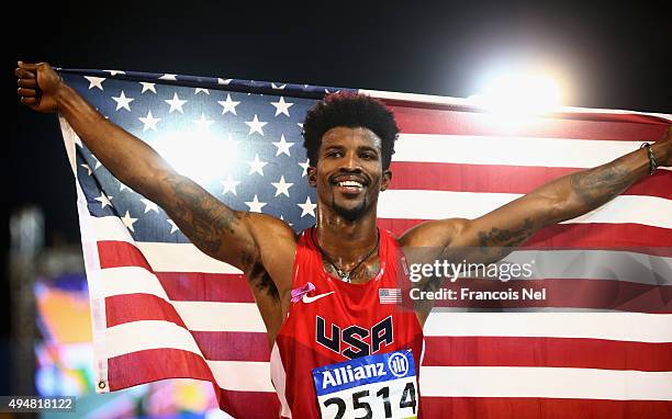 Richard Browne of the United States celebrates setting a new world record and winning the men's 100m T44 final during the Evening Session on Day...