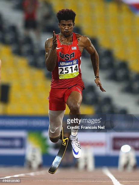 Richard Browne of the United States in action on his way to setting a new world record and winning the men's 100m T44 final during the Evening...