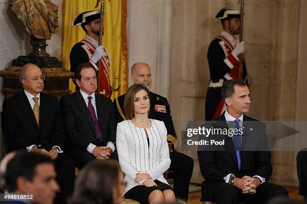 King Felipe VI of Spain and Queen Letizia of Spain attends the 70th Anniversary of United Nations ceremony at the Royal Palace on October 29, 2015 in...