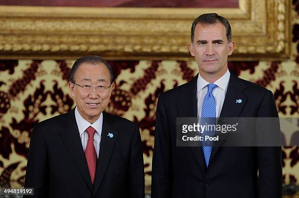 Secretary-General Ban Ki-moon and King Felipe VI of Spain attend the 70th Anniversary of United Nations ceremony at the Royal Palace on October 29,...