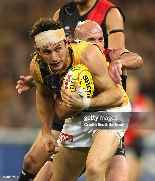 Ivan Maric of the Tigers is tackled by Paul Chapman of the Bombers during the round 11 AFL match between the Essendon Bombers and the Richmond Tigers...
