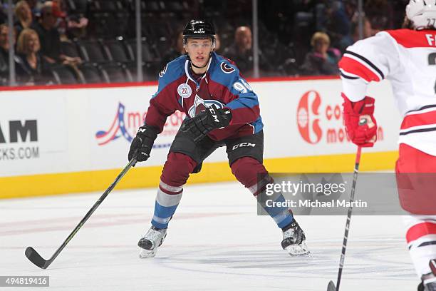 Mikko Rantanen of the Colorado Avalanche skates against the Carolina Hurricanes at the Pepsi Center on October 21, 2015 in Denver, Colorado. The...