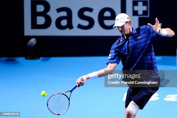 John Isner of US in action during the second day of the Swiss Indoors ATP 500 tennis tournament against Jack Sock of US at St Jakobshalle on October...