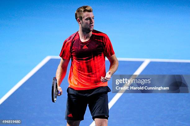 John Isner of US gestures during the second day of the Swiss Indoors ATP 500 tennis tournament against Jack Sock of US at St Jakobshalle on October...