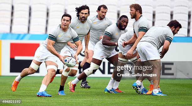 Francois Louw during the South African national rugby team Captains Run and Media Conference at Olympic Stadium on October 29, 2015 in London,...