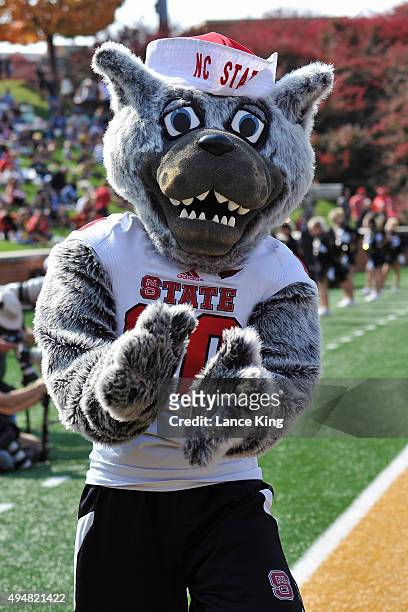 Mr. Wuf, the mascot of the North Carolina State Wolfpack, performs during their game against the Wake Forest Demon Deacons at BB&T Field on October...
