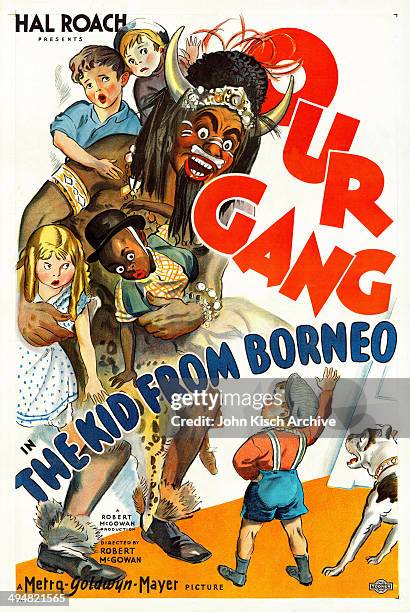 One sheet movie poster advertises the Our Gang comedy 'The Kid From Borneo' , starring John Lester Johnson, Matthew 'Stymie' Beard, and George...