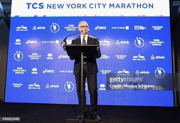 New York Road Runner's President and CEO Michael Capiraso speaks at the 2015 TCS New York City Marathon Opening Press Conference & Blue Line Painting...
