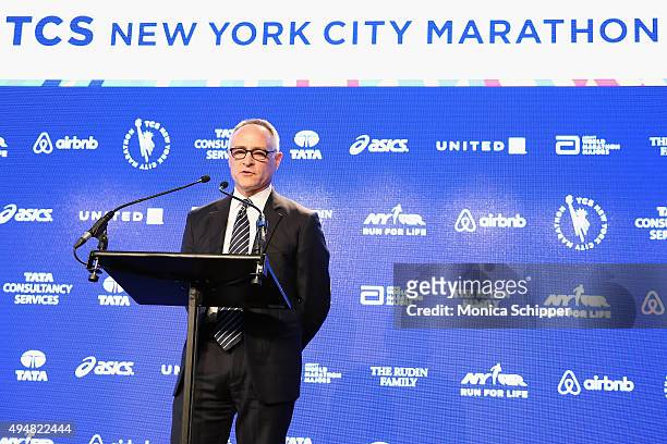 New York Road Runner's President and CEO Michael Capiraso speaks at the 2015 TCS New York City Marathon Opening Press Conference & Blue Line Painting...