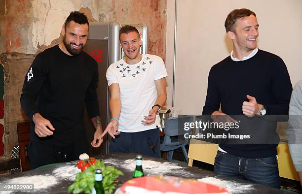 Marcin Wasilewski, Jamie Vardy and Andy King during Leicester City's visit to Peter Pizza, Leicester, after manager Claudio Ranieri kept his promise...