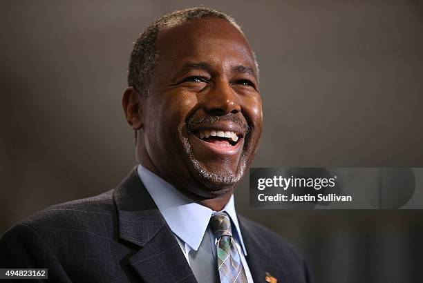 Republican presidential candidate Ben Carson speaks during a news conference before a campaign event at Colorado Christian University on October 29,...