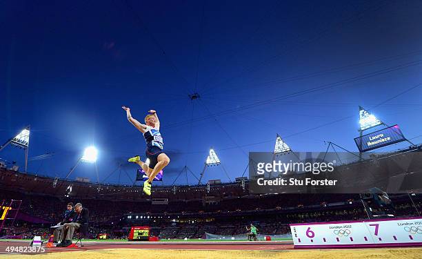Greg Rutherford of Great Britain on his way to winning the gold medal in the Men's Long Jump Final on Day 8 of the London 2012 Olympic Games at...