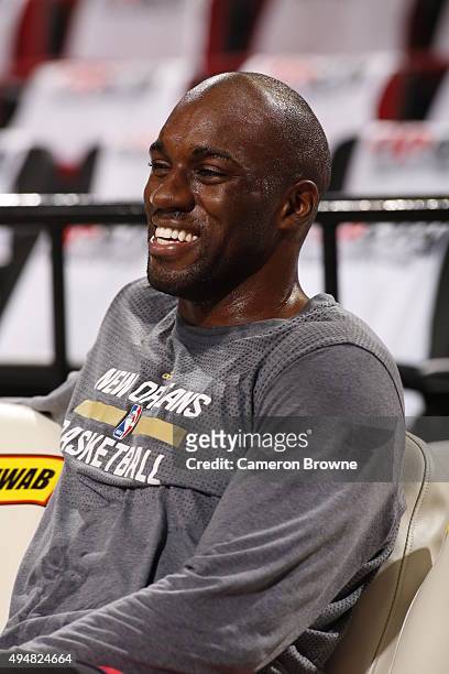 Quincy Pondexter of the New Orleans Pelicans smiles before the game against the Portland Trail Blazers on October 28, 2015 at the Moda Center in...