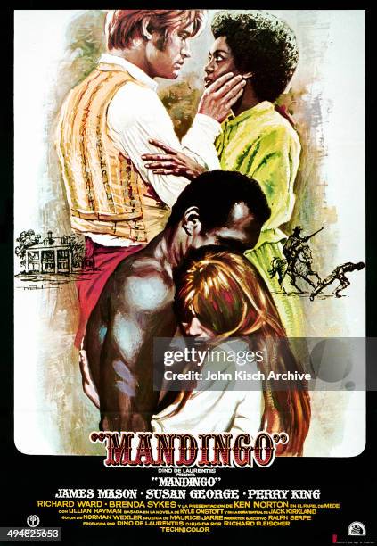 Movie poster advertises the Spanish release of 'Mandingo' , a southern slave drama starring Ken Norton, James Mason, Perry King, and Brenda Sykes,...