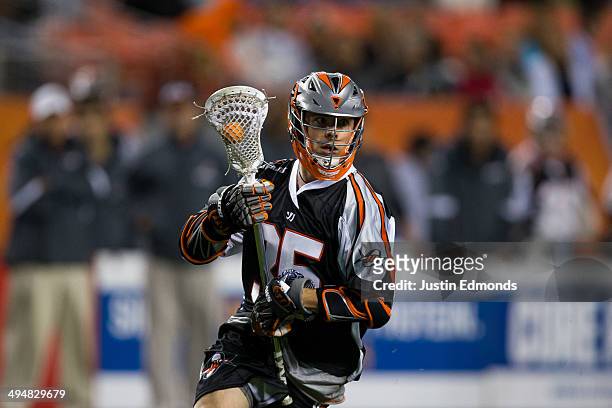Jeremy Noble of the Denver Outlaws in action against the Charlotte Hounds at Sports Authority at Mile High on May 30, 2014 in Denver, Colorado. The...