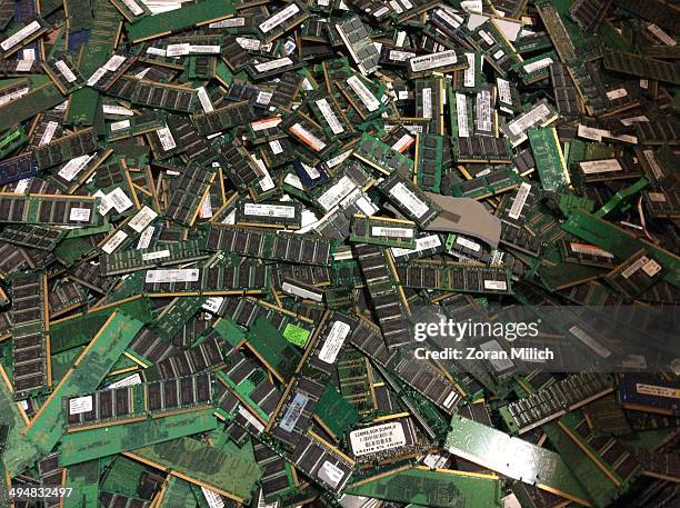 Computer memory awaiting to be dismantled as electronic recyclable waste at the Electronic Recyclers International plant in Holliston, Massachusetts,...