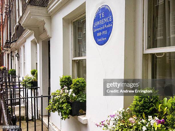 Blue Plaque marking the home of TE Lawrance, Lawrence of Arabia, British WW1 war hero, at 14 Barton Street, Westminster, London