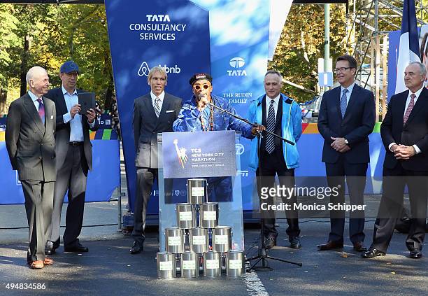 Filmmaker and 2015 TCS New York City Marathon Grand Marshal Spike Lee, joined by Tata Consultancy Services Chief Marketing Officer John Lenzen, NYRR...
