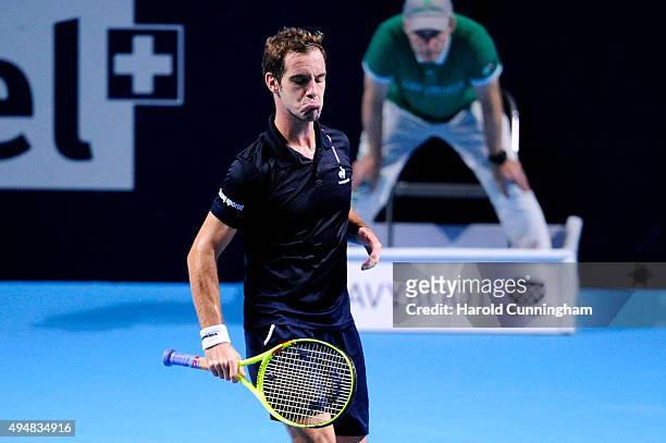 Richard Gasquet of France looks on during the second day of the Swiss Indoors ATP 500 tennis tournament against Dominic Thiem of Austria at St...
