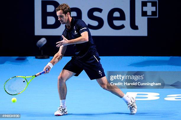 Richard Gasquet of France in action during the second day of the Swiss Indoors ATP 500 tennis tournament against Dominic Thiem of Austria at St...