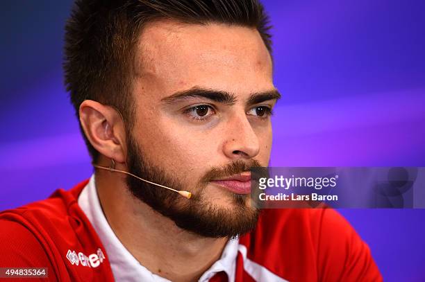 Will Stevens of Great Britain and Manor Marussia looks on at a press conference during previews to the Formula One Grand Prix of Mexico at Autodromo...