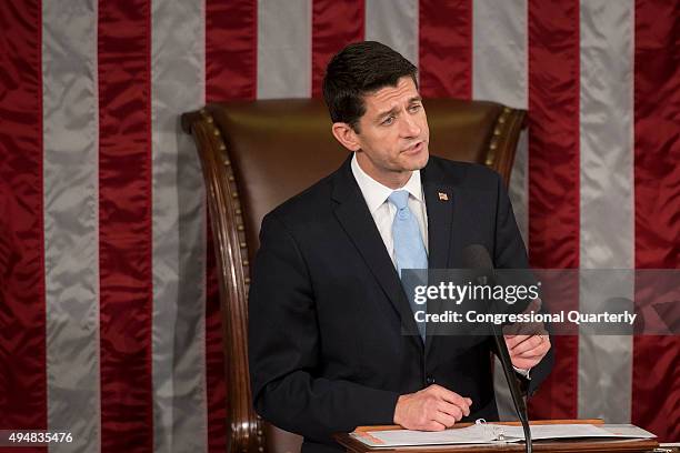 Speaker Paul Ryan, R-Wis., speaks in the House Chamber of the U.S. Capitol after being sworn in to Speaker of the House in Washington, Thursday,...