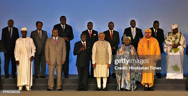 African Heads of State and leaders pose for a group photograph with Indian Prime Minister Narendra Modi during the India-Africa Forum Summit Indira...