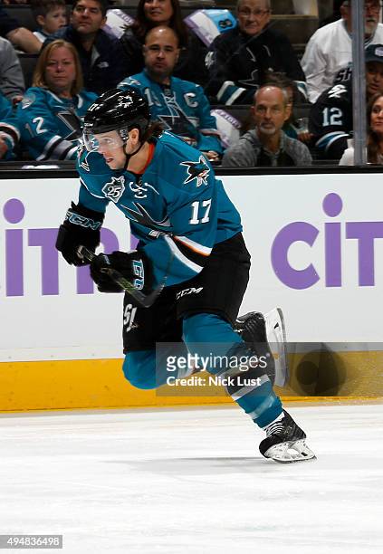 John McCarthy of the San Jose Sharks skates up the ice against the Carolina Hurricanes during a NHL game at the SAP Center at San Jose on October 24,...