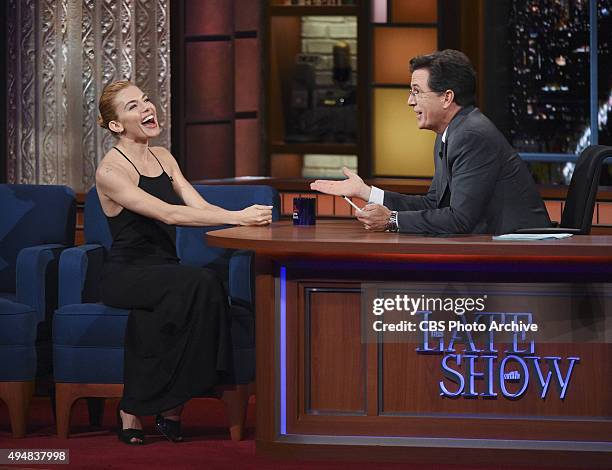 Actress Sienna Miller on The Late Show with Stephen Colbert, Monday Oct. 26, 2015 on the CBS Television Network.