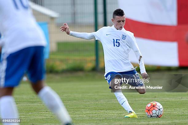 Phil Foden of England kicks the ball during the Tournoi International game between England U16 and the Netherlands U16 on October 29, 2015 in...