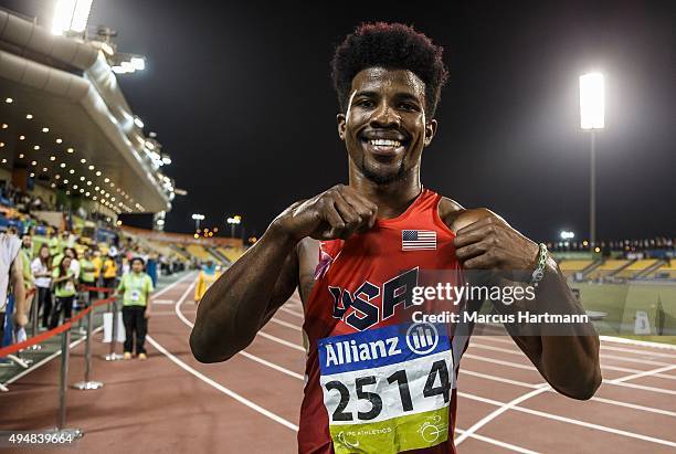 October 29: Richard Browne of the United States celebrates setting a new world record and winning the men's 100m T44 final during the Evening Session...