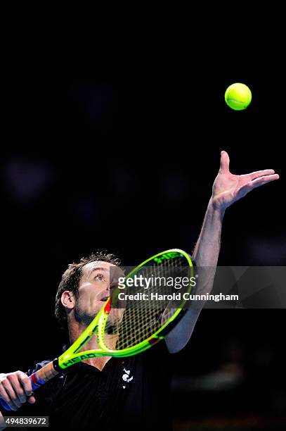 Richard Gasquet of France serves during the second day of the Swiss Indoors ATP 500 tennis tournament against Dominic Thiem of Austria at St...