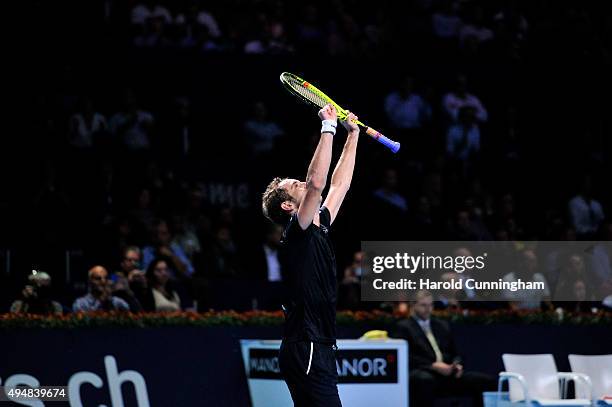 Richard Gasquet of France celebrates his victory during the second day of the Swiss Indoors ATP 500 tennis tournament against Dominic Thiem of...