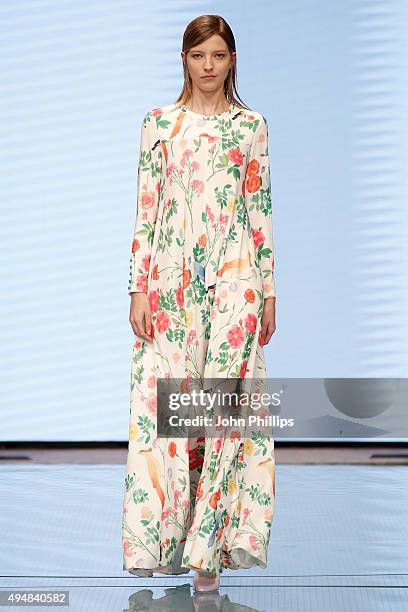 Model walks the runway at the Arthur Arbesser show as part of the Talents Fashion show during the Vogue Fashion Dubai Experience 2015 at The Dubai...