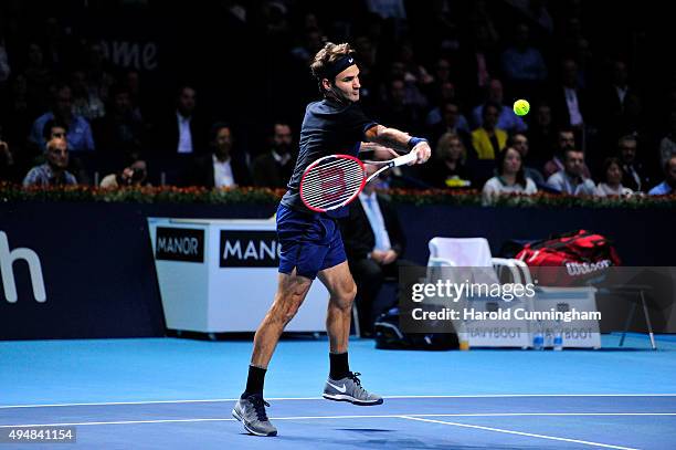 Roger Federer of Switzerland in action during the fourth day of the Swiss Indoors ATP 500 tennis tournament against Philipp Kohlschreiber of Germany...