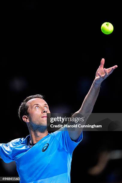 Philipp Kohlschreiber of Germany in action during the fourth day of the Swiss Indoors ATP 500 tennis tournament against Roger Federer of Switzerland...