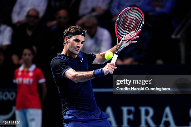 Roger Federer of Switzerland in action during the fourth day of the Swiss Indoors ATP 500 tennis tournament against Philipp Kohlschreiber of Germany...