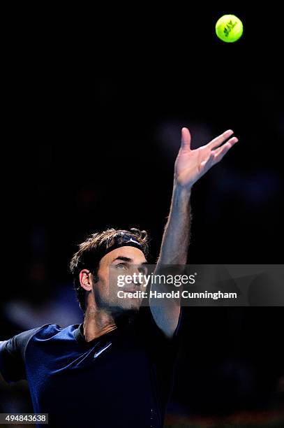 Roger Federer of Switzerland in action during the fourth day of the Swiss Indoors ATP 500 tennis tournament against Philipp Kohlschreiber of Germany...