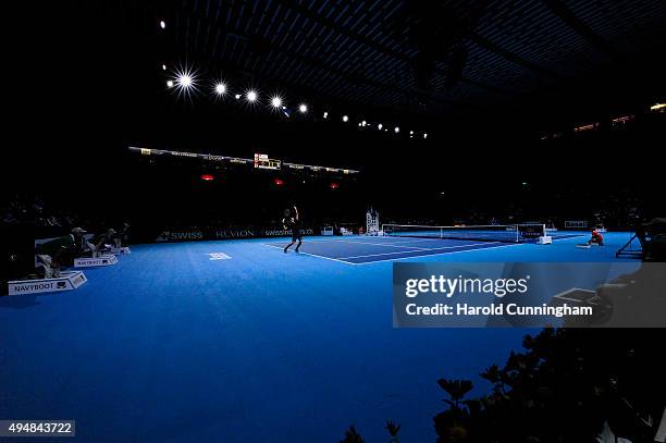 Roger Federer of Switzerland in action during the fourth day of the Swiss Indoors ATP 500 tennis tournament against Philipp Kohlschreiber of Germany...