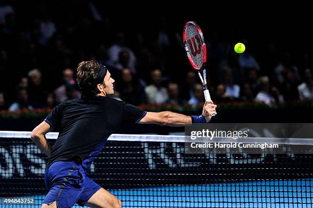 Roger Federer of Switzerland in action during the fourth day of the Swiss Indoors ATP 500 tennis tournament against Philipp Kohlschreiber of Germany...