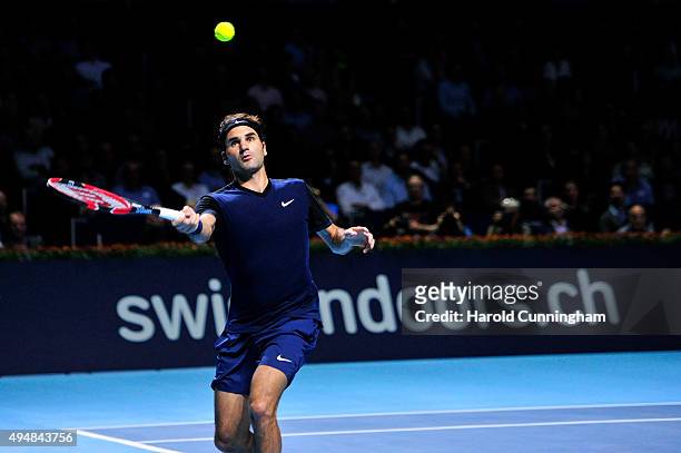 Roger Federer of Switzerland in action during the fourth day of the Swiss Indoors ATP 500 tennis tournament against Philipp Kohlschreiber of Germany...