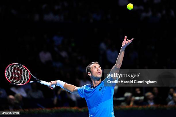 Philipp Kohlschreiber of Germany in action during the fourth day of the Swiss Indoors ATP 500 tennis tournament against Roger Federer of Switzerland...